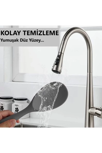 Burcummm 3 Adet Silikon Sert Uçlu Kısa Pilav Kaşığı Siyah & Gri & Kırmızı - 7
