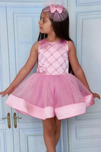 Kız Çocuk İnci Boncuk ve Etek Ucu Şerit Detaylı Pembe Abiye - Resim 4