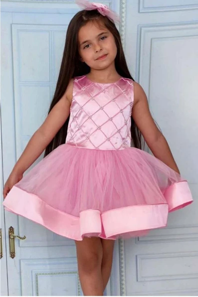 Kız Çocuk İnci Boncuk ve Etek Ucu Şerit Detaylı Pembe Abiye ürün görseli