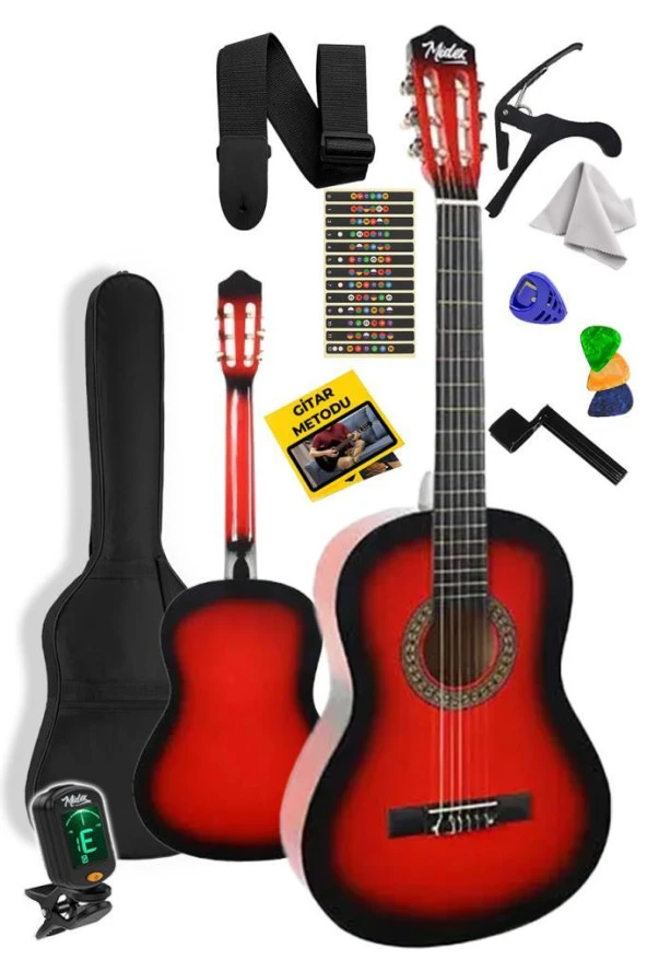 Midex CG-36RD-PAK Kaliteli 36 İnç 3/4 Juniur Çocuk Gitarı 8-12 Yaş Arası (Tuner Çanta Capo Askı Nota Sticker Pena Metod)