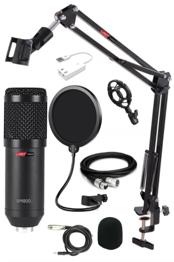 Lastvoice BM800XLR Condenser Mikrofon + Shock Mount + Stand + Pop Filtre