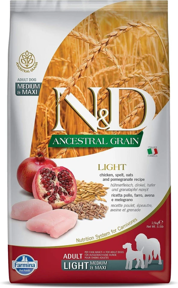 N&D ANCESTRAL GRAIN KÖPEK LIGHT TAVUK, KILÇIKSIZ BUĞDAY, YULAF & NAR YETİŞKİN MEDIUM & MAXI 2.5KG