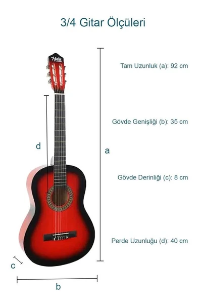 Midex CG-36RD Kaliteli 36 İnç 3/4 Juniur Çocuk Gitarı 8-12 Yaş Arası (Çanta Askı Capo Nota Sticker Pena Metod) - Resim 3