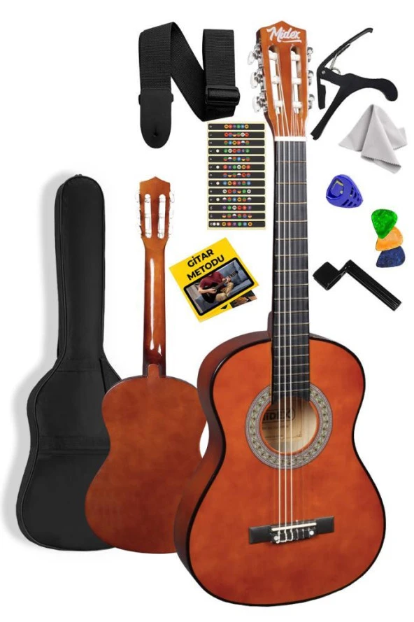 Midex CG-36BRW Kaliteli 36 İnç 3/4 Juniur Çocuk Gitarı 8-12 Yaş Arası (Çanta Askı Capo Nota Sticker Pena Metod)