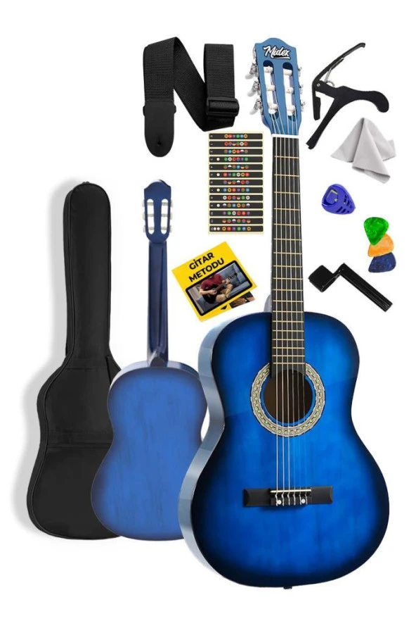 Midex CG-34BL Kaliteli 34 İnç 1/2 Juniur Çocuk Gitarı 4-8 Yaş Arası (Çanta Capo Nota Sticker Askı Pena Metod)