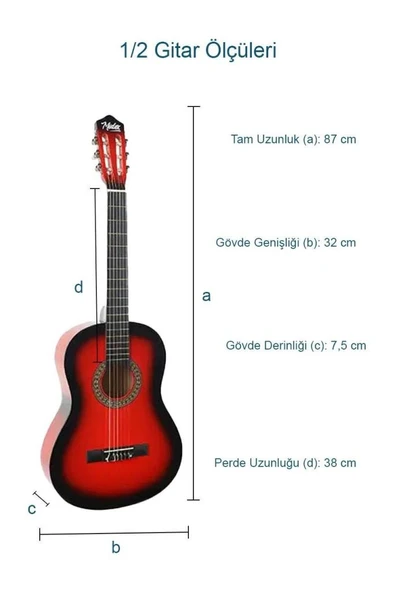 Midex CG-34RD Kaliteli 34 İnç 1/2 Juniur Çocuk Gitarı 4-8 Yaş Arası (Çanta Capo Nota Sticker Askı Pena Metod) - Resim 3