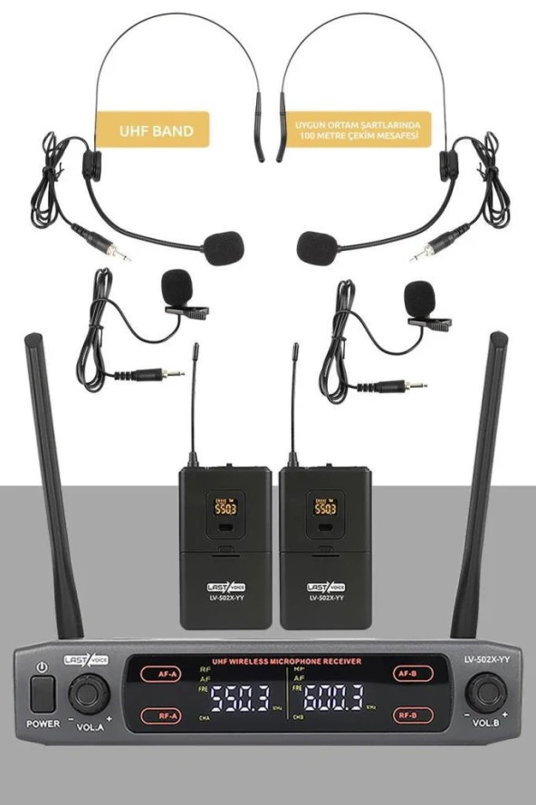 Lastvoice Lv-502Y UHF Dijital 2x30 Kanal Çiftli Yaka Telsiz Kablosuz Mikrofon (Headset Hediyeli)