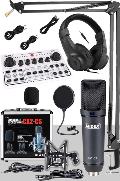 Midex CX2 White Power Paket-6 Stüdyo Mikrofon Şarjlı Ses Kartı Kulaklık Stand (Kayıt ve Canlı Yayın) - Resim 1