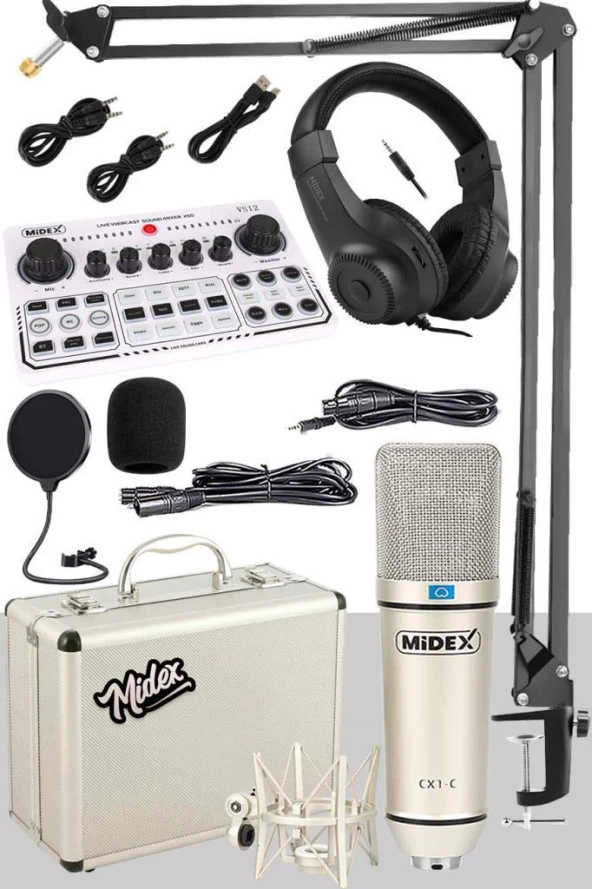 Midex CX1 White Power Paket-5 Stüdyo Mikrofon Şarjlı Ses Kartı Kulaklık Stand (Kayıt ve Canlı Yayın)