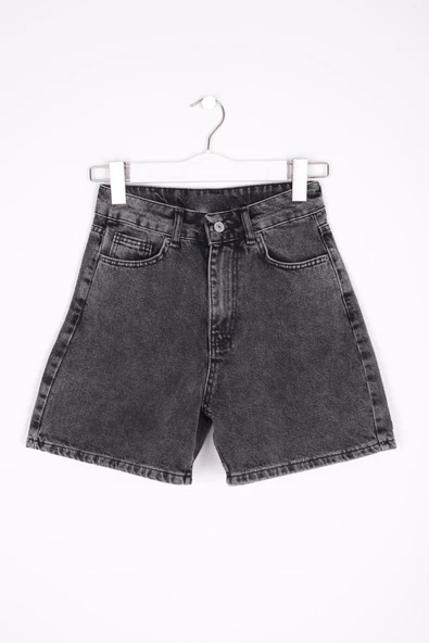 Paçaları Çift Katlı Cepli ve Astarsız Mom Fit Kadın Kısa Kot Şort Kar Antrasit Denim - 6