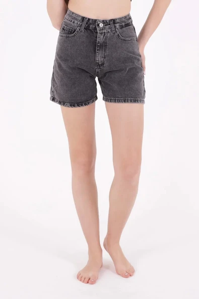 Paçaları Çift Katlı Cepli ve Astarsız Mom Fit Kadın Kısa Kot Şort Kar Antrasit Denim