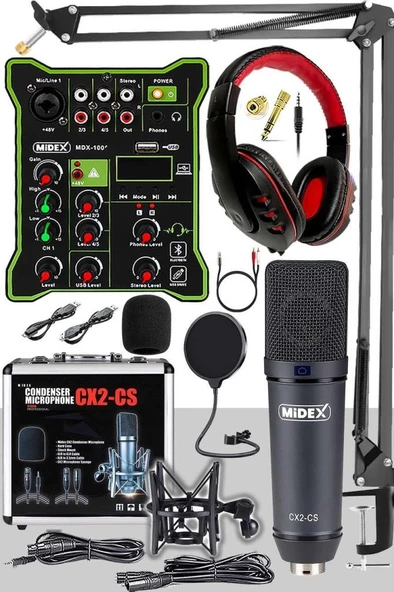 Midex CX2 Functional Paket-5 Stüdyo Mikrofon Ses Kartlı Mikser Kulaklık Stand ürün görseli 1