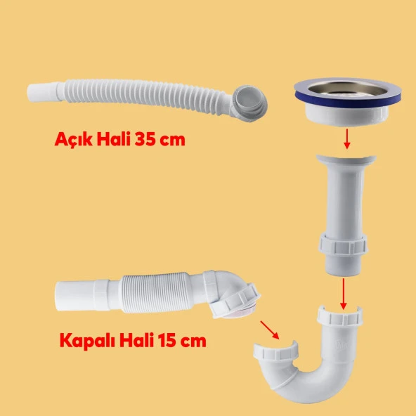 Süzgeçli Geniş Kafalı Körüklü İşyeri Yemekhane Evye Sifonu Gider Borusu S Tipi Akordiyon Plastik 15-35 cm - 2