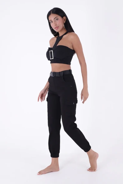 Beli Kemerli ve Paçaları Lastikli Komando Tarzı Kargo Cepli Kadın Pantolon SiyahGabardin DörtMevsim - 5