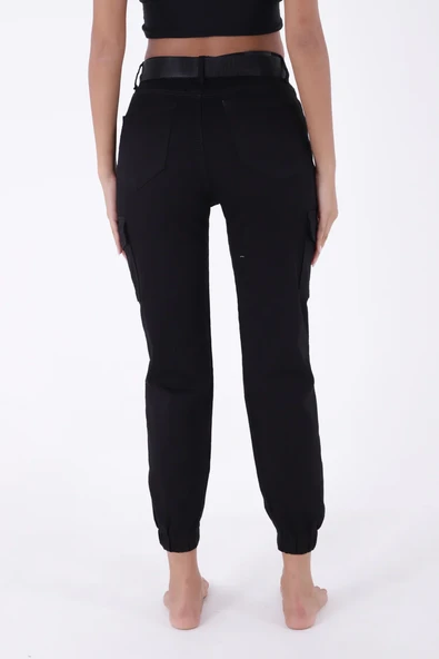 Beli Kemerli ve Paçaları Lastikli Komando Tarzı Kargo Cepli Kadın Pantolon SiyahGabardin DörtMevsim - 6