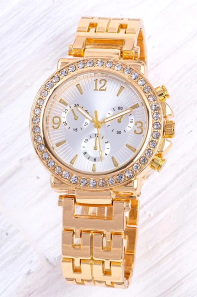 Sarı Renk Taşlı Çelik Kordonlu Kadın Kol Saati - Spor ve Şık Analog Model ST-304381 ürün görseli 1