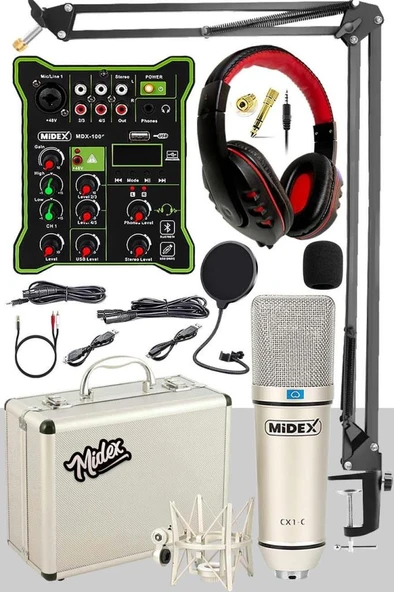 Midex CX1 Functional Paket-4 Stüdyo Mikrofon Ses Kartlı Mikser Kulaklık Stand ürün görseli 1