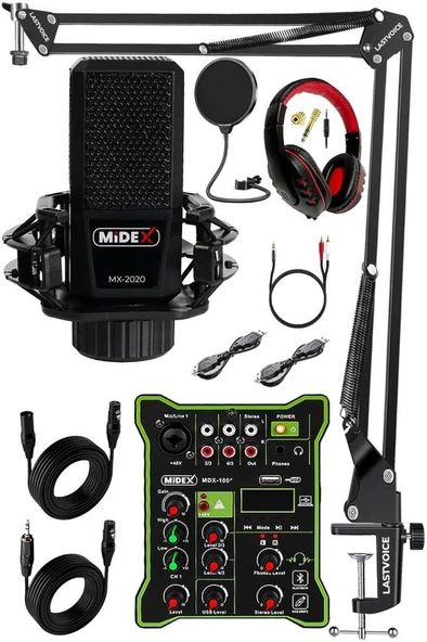 Midex MX-2020 Functional Paket-2 Stüdyo Mikrofon Ses Kartlı Mikser Kulaklık Stand ürün görseli 1