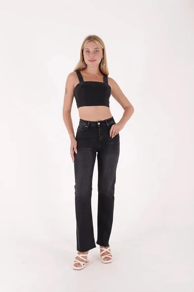 Paçaları Dikişsiz ve Geniş Paçalı Yüksek Belli Rahat/Relaxed Kadın Kot Pantolon Antrasit Denim Jean