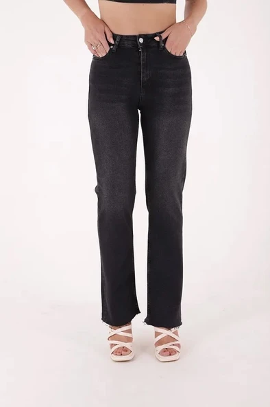 Paçaları Dikişsiz ve Geniş Paçalı Yüksek Belli Rahat/Relaxed Kadın Kot Pantolon Antrasit Denim Jean - 3