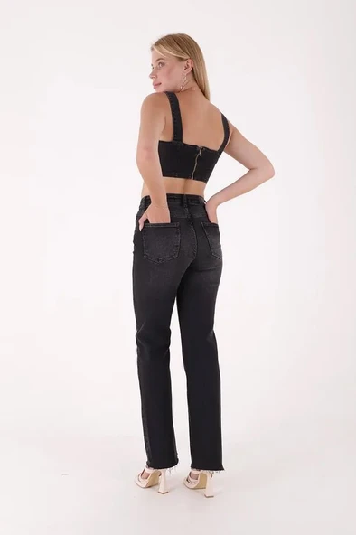 Paçaları Dikişsiz ve Geniş Paçalı Yüksek Belli Rahat/Relaxed Kadın Kot Pantolon Antrasit Denim Jean - 2