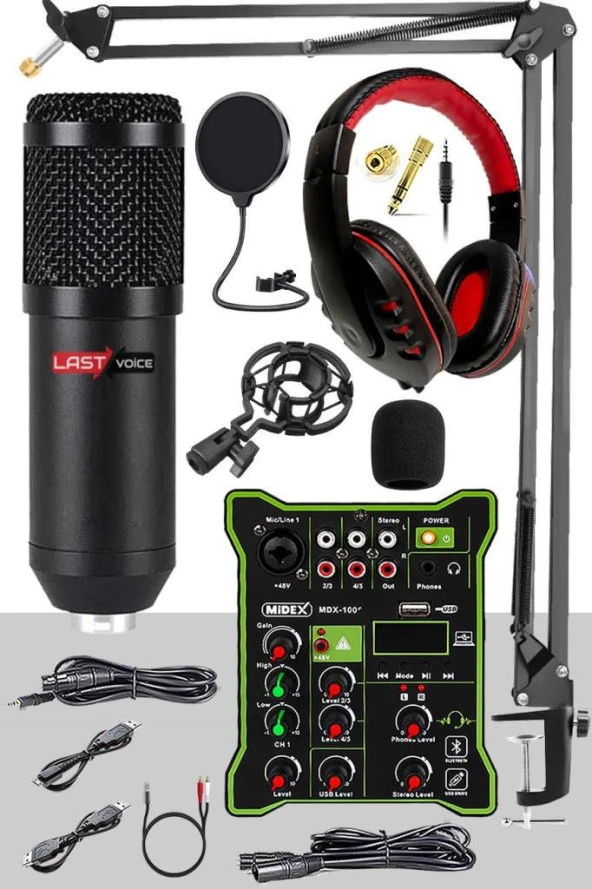 Lastvoice BM800 Functional Paket-1 Stüdyo Mikrofon Ses Kartlı Mikser Kulaklık Stand