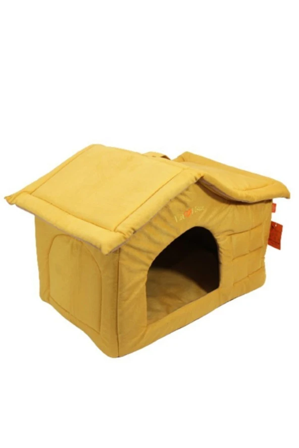Çatılı Kedi Ve Köpek Evi Sarı Kadife Iç Mekan