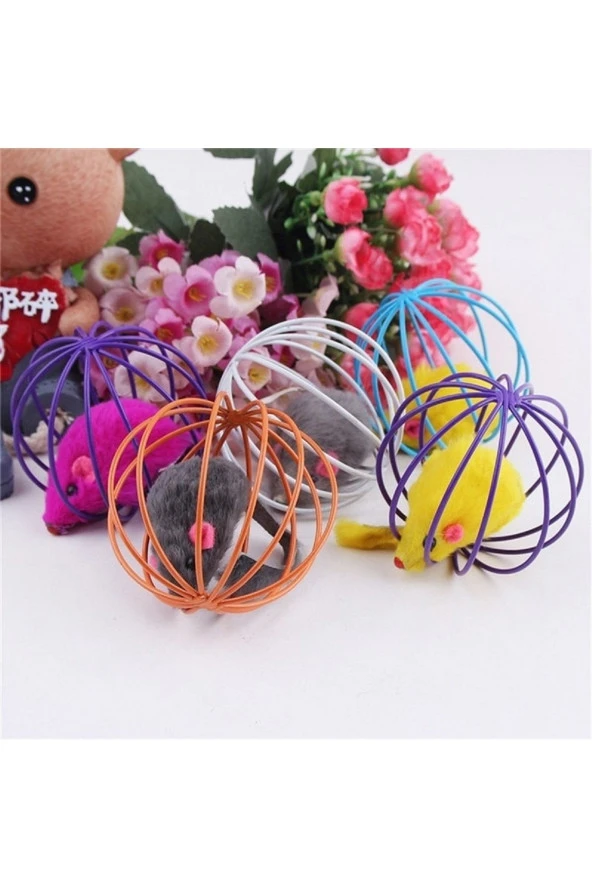 Renkli Metal Kafesli Peluş Fareli Kedi Köpek Oyuncağı Oyun Topu 6 Cm - 2