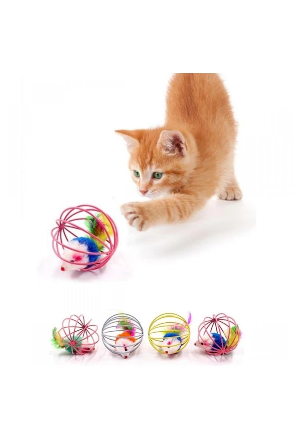 Renkli Metal Kafesli Peluş Fareli Kedi Köpek Oyuncağı Oyun Topu 6 Cm - 3