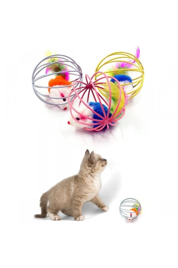Renkli Metal Kafesli Peluş Fareli Kedi Köpek Oyuncağı Oyun Topu 6 Cm - 4