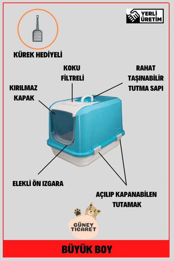 Kırılmaz Kapaklı Filtreli Büyük Boy Kapalı Kedi Tuvaleti Mavi 58x42x42 Cm Kürek Hediyeli - Resim 2