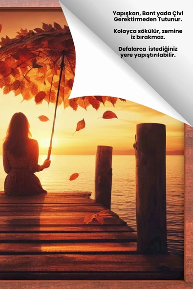 Yapraktan Şemsiyeli İskelede Oturan Kadın-Empresyonizm Tarz Statik Tutunan Akıllı Kağıt Duvar Poster - 3