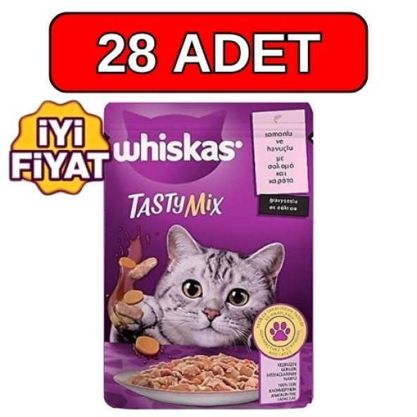 Whiskas 28 Adet Pouch TastyMix Sos İçinde Somonlu ve Havuçlu Yetişkin Kedi Konservesi 85gr
