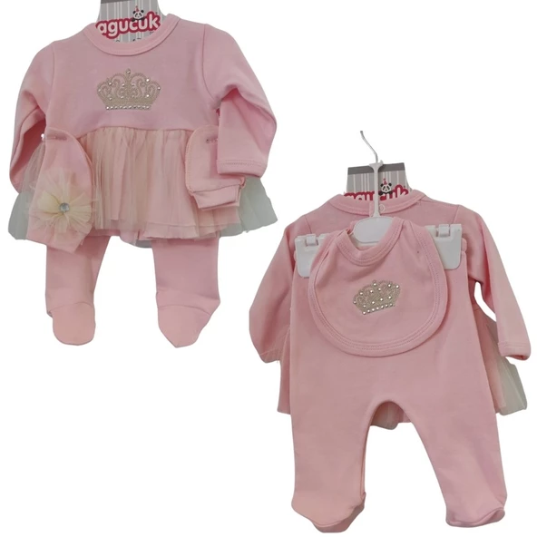 AGUCUK TÜLLÜ TAÇLI 5 PARÇA ASKIDA KIZ BEBEK TAKIM - 2