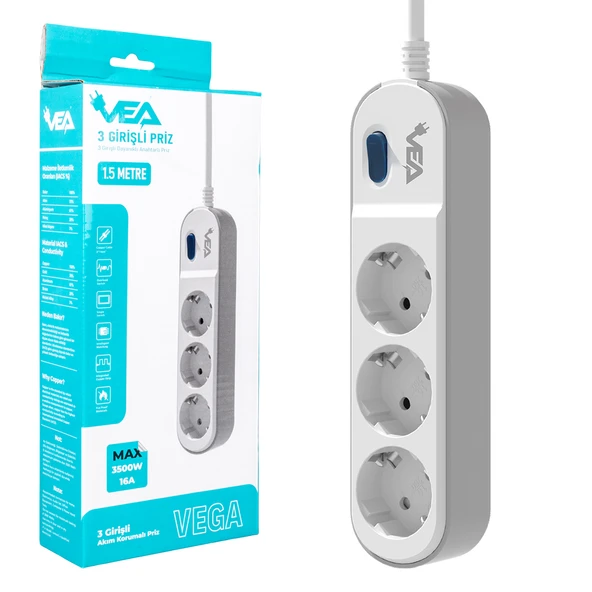 Vea VE-VEGA103 Akım Korumalı Grup Priz 1.5 Metre 3 lü Anahtarlı 3500 Watt 16 Amper Uzatma Kablosu Isıya Dayanıklı - 4