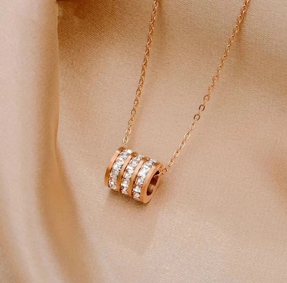 Kadın Silindir Tasarım Zirkon Taşlı Gold Renk Çelik Kolye