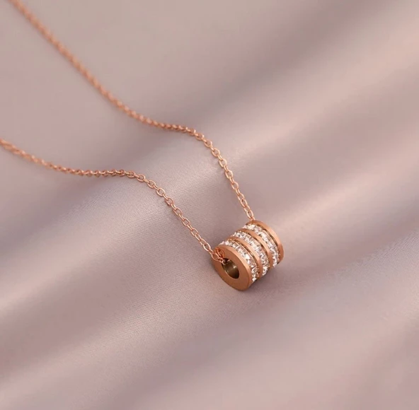 Kadın Silindir Tasarım Zirkon Taşlı Gold Renk Çelik Kolye - Resim 4