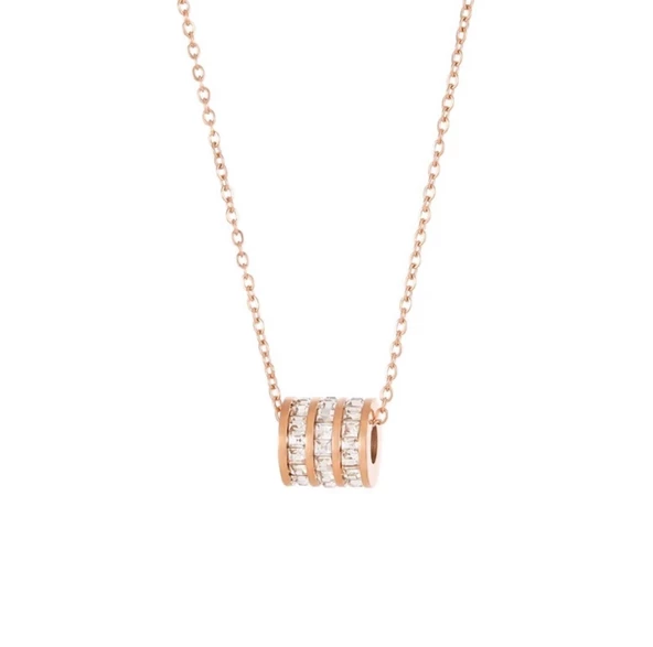 Kadın Silindir Tasarım Zirkon Taşlı Gold Renk Çelik Kolye - Resim 2