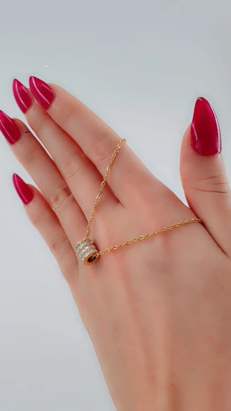 Kadın Silindir Tasarım Zirkon Taşlı Gold Renk Çelik Kolye - Resim 3