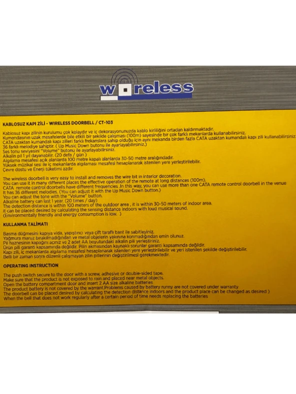 Cata CT-103 Kablosuz Kapı Zili (Siyah Kenarlı) - 3