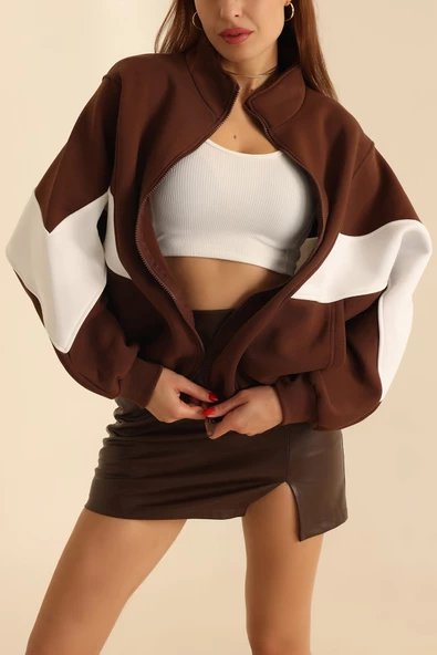 Kahverengi Fermuarlı Şardonlu Bayan Sweat - 3