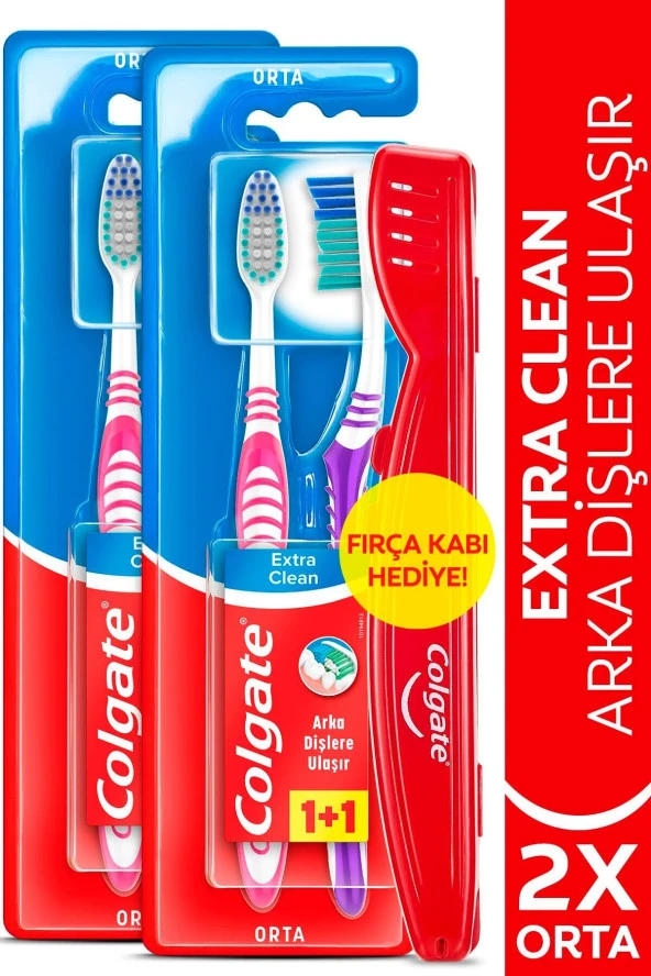 COLGATE Extra Clean Orta Diş Fırçası 1+1 x 2 Adet + Diş Fırçası Kabı Hediye