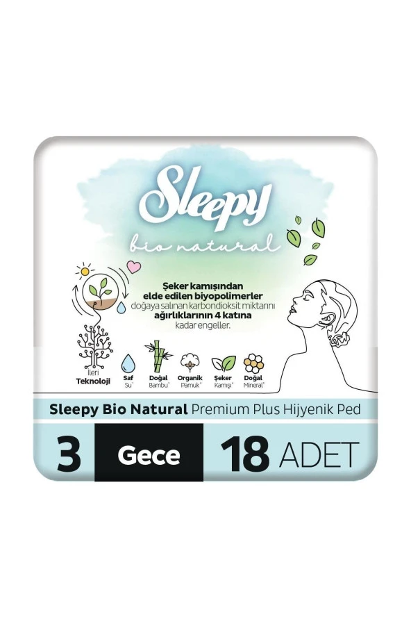 SLEEPY Bio Natural Premium Plus Hijyenik Ped Gece 18 Adet Ped