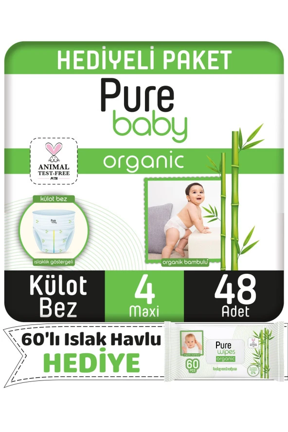 PURE BABY Organic Külot Bez 4 Numara Maxi 48 Adet + Organic 60'lı Islak Havlu