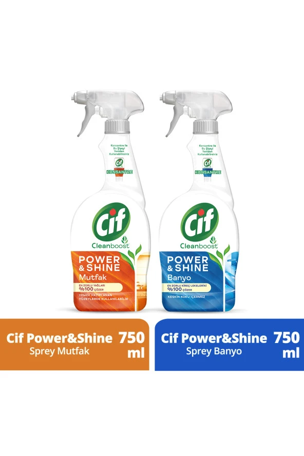 CİF Sprey Temizleyici Power Shine Banyo 750ml 1adet Sprey Power Shine Mutfak 750ml 1adet