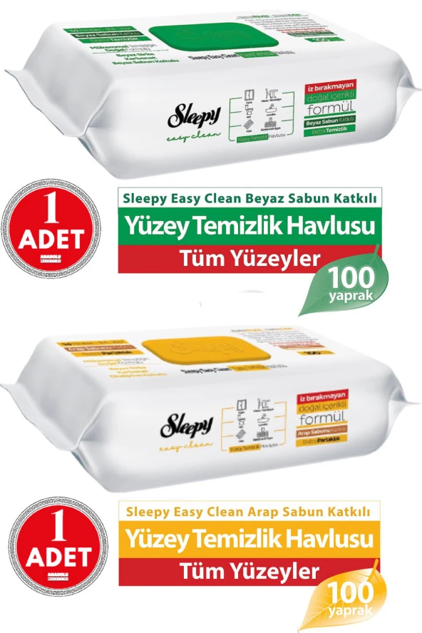 SLEEPY Easy Clean Yüzey Temizlik Havlusu Beyaz Sabun Katkılı 1 ADET + Arap Sabunu Katkılı 1 ADET