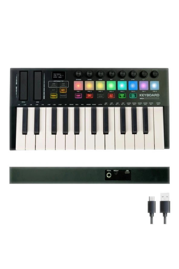 Midex MD-255 Yeni Nesil Midi Klavye 25 Tuşlu 8 Hassasiyetli Lounch Pad 8 Ton Potansı