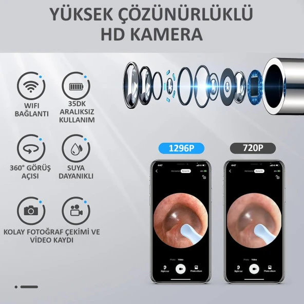 Valkyrie Kablosuz Wifi Kulak Temizleme Kamerası - Ios Android Iphone Uyumlu 1296P HD LED Otoskop Kamera - 6