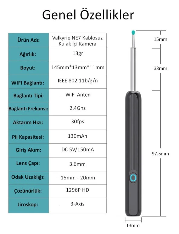 Valkyrie Kablosuz Wifi Kulak Temizleme Kamerası - Ios Android Iphone Uyumlu 1296P HD LED Otoskop Kamera - 7