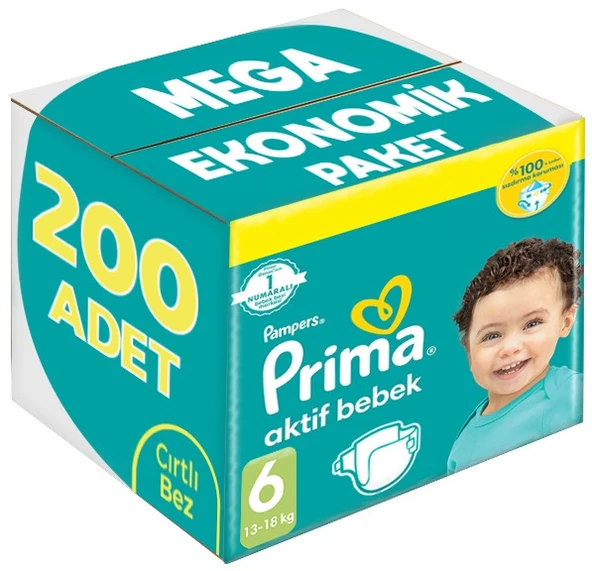 Prima Bebek Bezi Beden:6 (13-18Kg) Extra Large 200 Adet Mega Ekonomik Pk ürün görseli